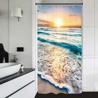 Riyidecor Stall Small Half Shower Curtain Beach Summer 36X72 Inch Rv Mini Single Narrow Ocean Coastal Hawaiian Sunrise Sea Wave Seaside Scene Island Blue Cool Set Waterproof 7 Pack Hooks