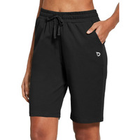Baleaf Women's 10"" Bermuda Shorts Long Cotton Casual Summer Knee Length Pull On Lounge Walking Exercise Shorts With Pockets Black S