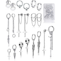 Fifata 20 Pieces Chain Hoop Earrings Moon And Star Drop Earrings Cross Stainless Steel Hinged Pendant Eboy Earrings For Men Women