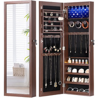Nicetree 6 Leds Jewelry Mirror Cabinet, 4.2"" D Full Length Mirror With Storage, Door/Wall Mounted Jewelry Storage Mirror, Acrylic Cover, Larger Capacity, Brown