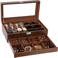 Tomcare Watch Box 2-Tier Watch Case Jewelry Organizer Box With Thick Glass Lid Lockable Watch Organizer Jewelry Display Holder Sunglass Rings Necklaces Bracelets Storage Organizer For Men Women,Brown