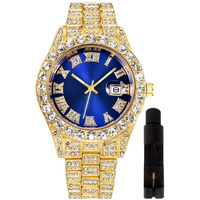 Hip Hop Watches For Men Iced-Out Bling Diamond Luxury Quartz Watches With Date (Xl Face-Gold Blue)