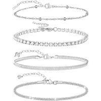 Jyueda Layered Tennis Silver Anklet For Women,Beaded Snake Chain Link Anklets Set Ankle Bracelets For Women Waterproof Beach Summer Jewelry Gift