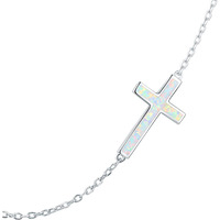 Praymos 925 Sterling Silver Sideways Cross Necklace For Women Synthetic Opal Necklace And Gift Box Mother 's Day Birthday Gifts For Her(A)