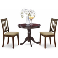 East West Furniture Anti3-Cap-C Antique 3 Piece Room Set Contains A Round Kitchen Table With Pedestal And 2 Linen Fabric Upholstered Dining Chairs, 36X36 Inch
