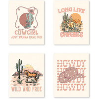 Puhei Retro Western Howdy Cowgirl Wall Art Prints Set Of 4,Western Nursery Decor Girl, Western Room Decor For Teen Girls, Cowgirl Nursery Decor (Unframed), Western Boho Bedroom Decor, 8 X 10 In