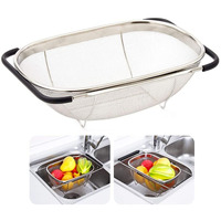 Over The Sink Stainless Steel Oval Colander With Expandable Rubber Grip Handles Strainers, Fine Mesh Strainer Basket Kitchen 6 Quarts Colander For Strain, Drain, Rinse Fruits, Vegetables