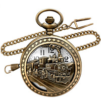 Top Fashion Watches Vintage Bronze Steam Train Mens Kids Quartz Gift Pocket Watch With Chain