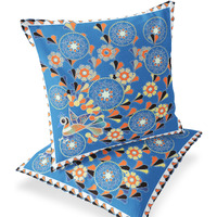 Set Of Two 16"" X 16"" Blue And Orange Peacock Blown Seam Floral Indoor Outdoor Throw Pillow