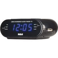 Rca Usb Charging Clock Radio, .6    Blue Led Display, Brightness Display, Fm Radio With Presets, Dual Wake, Sleep Timer, And Snooze Functions