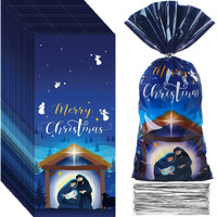 Funrous 100 Pack Holy Nativity Cellophane Gift Bag Religious Christmas Plastic Treat Bag Xmas Nativity Cello Goody Bags With Ties For Kids Birthday Party Christmas Party Decorations Supplies