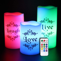 Dromance Color Changing Led Flameless Candles With 18-Key Remote And Timer, Live Love Laugh Decals Battery Operated Led Flickering Pillar Candles Valentine's Day Decor 3 X 4, 5, 6
