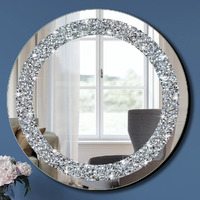 Qmdecor Crystal Crush Diamond Sparkly Round Silver Mirror For Wall Decoration 20X20X1 Inch Wall Hang Frameless Bling Stylish Gorgeous Glam Mirror Vanity Home Decor.