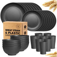 Teivio 32-Piece Kitchen Plastic Wheat Straw Dinnerware Set, Service For 8, Dinner Plates, Dessert Plate, Cereal Bowls, Cups, Unbreakable Colorful Plastic Outdoor Camping Dishes, Black