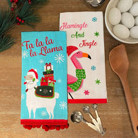 Elrene Home Fashions Pom Jingle Cotton Christmas Holiday Kitchen Dish Hand Towels, Set Of 2, 16 In X 26 In, Fa La Llama & Flamingle