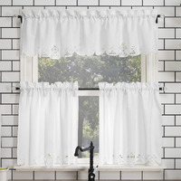 No. 918 Mariela Floral Trim Semi-Sheer Rod Pocket Kitchen Curtain Valance And Tiers Set, 58"" X 36"", White