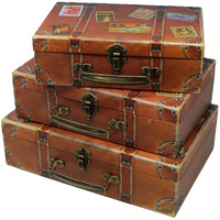 Blue Orchards Decorative Travel Themed Chest Paperboard Boxes (Set Of 3) - Small Stackable Storage Chests For Jewelry - Chest Box For Themed Parties - Bedroom Display Or Party D  Cor