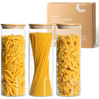 Comsaf Glass Spaghetti Pasta Storage Container With Lids 70Oz Set Of 3, Tall Clear Airtight Food Storage Jar With Bamboo Cover Kitchen Pantry Storage Container For Noodles Flour Cereal Coffee Beans