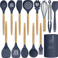 Silicone Cooking Utensils Set - 446F Heat Resistant Silicone Kitchen Utensils For Cooking,Kitchen Utensil Spatula Set W Wooden Handles And Holder, Bpa Free Gadgets For Non-Stick Cookware (Navy Blue)