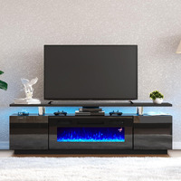 Amerlife Fireplace Tv Stand With 36"" Fireplace, 70"" Modern High Gloss Fireplace Entertainment Center Led Lights, 2 Tier Tv Console Cabinet For Tvs Up To 80"", Obsidian Black