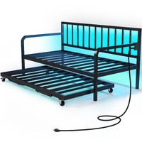 Rolanstar Daybed With Charging Station And Led Lights, Height Adjustable Twin Daybed With Trundle, Metal Sofa Bed Frame With Steel Slat Support For Living Room, Bedroom And Guest Room, Black