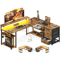 Aodk 61"" L Shaped Desk With Drawer, Computer Desk With Power Outlets & Led Lights, Reversible Corner Gaming Desk For Home Office Workstation, Office Desk With Monitor Shelf, Vintage