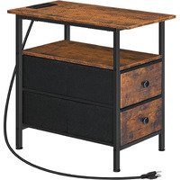 Hoobro End Table With Charging Station, Narrow Side Table, Nightstand With 2 Non-Woven Drawers, Slim Sofa Side Table, For Small Spaces, Living Room, Bedroom, Rustic Brown And Black Bf486Ubz01