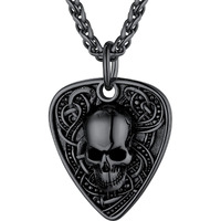 U7 Guitar Pick Necklace For Men Ion Plating Black Stainless Steel Hip Hop Punk Pendant Personalized Gothic Skull Guitar Picks Necklaces 22""