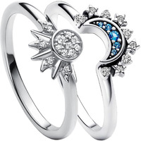 Une Douce Celestial Sun And Moon Ring Set, Sparkling Sun Ring/Blue Moon Ring With 14K Gold/Silver Plating, Friendship Promise Ring, Stackable Celestial Rings, Gift For Women Girls (Silver Set Size 9)