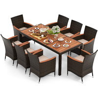 Tangkula 9 Piece Outdoor Dining Set, Patio Wicker Furniture Set With Acacia Wood Table Top W/Umbrella Hole, Rattan Dining Table Chairs Conversation Set Perfect For Outdoor And Indoor