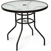 Kotek 32'' Patio Table With Umbrella Hole, Outdoor Bistro Table W/Tempered Glass Top & Sturdy Metal Frame, Round Patio Dining Table Coffee Table For Garden, Balcony, Poolside