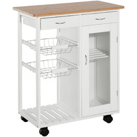 Homcom 28"" Rolling Kitchen Island With Storage, Kitchen Cart With Solid Bamboo Top, Wire Basket,Door Cabinet And Drawers, White