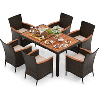 Tangkula 7 Pieces Outdoor Wicker Dining Set, Patio Dining Furniture Set With Acacia Wood Table And 6 Stackable Chairs, Outdoor Table And Chairs Set With 1.96    Umbrella Hole And Cushions