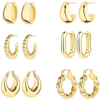 6 Pairs 14K Gold Hoop Earrings For Women Lightweight Chunky Hoop Earrings Multipack Hypoallergenic, Thick Open Twisted Huggie Hoops Earring Set Jewelry For Gifts. (Gold)