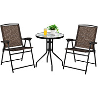 Kotek Patio Bistro Set, 3 Piece Outdoor Furniture Set W/Round Table & 2 Folding Chairs, Tempered Glass Tabletop, Bistro Table And Chairs For Balcony, Porch, Courtyard, Brown