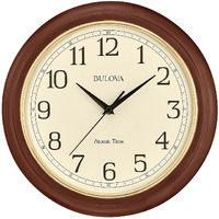 Bulova Wooden Atomic Analog Wall Clock, C5004 Atomic Time 2, Sets Automatically, Quartz Battery