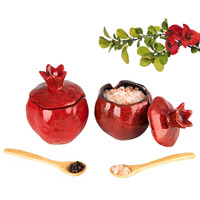 Gabroc Salt Cellar Salt Box 2 Pcs Salt Container Salt Pig Red Salt Bowl Salt Cellar With Lid Spoon Ceramic Pomegranate Shaped