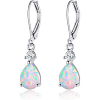 925 Sterling Silver Created White Fire Opal Birthstone Teardrop Earrings Drop Dangly Earring Leverback Hypoallergenic Jewelry For Women Girls