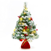 Sunnyglade 21.6 Inch Snow Flocked Christmas Tree Artificial Mini Christmas Tree Pine Tree Indoor Tabletop Ornaments Decorations With 30 Led Lights,Red Cloth Base And Pine Cones,White