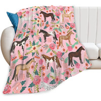 Horse Blanket Gift For Girls Women Cute Animal Horses Throw Blankets Flowers Fleece Flannel Stuff Soft Lightweight Plush Pink Blanket For Horse Lovers Decor Bed Sofa 50""X40""