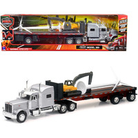Peterbilt 389 Truck With Flatbed Trailer Silver Metallic With Excavator And Wind Turbine ""Long Haul Truckers"" Series 1/32 Diecast Model By New Ray