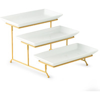 Gomakren 3 Tier Serving Stand With Porcelain Serving Platter Tray - Collapsible Gold Stand With 3 Piece Large14 Inch White Plates For Food Presentation Dessert Server Display And Entertaining