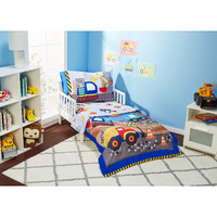 Everyday Kids 4 Piece Toddler Bedding Set - Under Construction - Includes Comforter, Flat Sheet, Fitted Sheet And Reversible Pillowcase