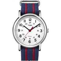 Timex Unisex Weekender 38Mm Watch - Silver-Tone Case White Dial With Blue & Red Fabric Slip-Thru Strap