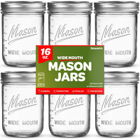 Sewanta Wide Mouth Mason Jars 16 Oz [5 Pack] With Mason Jar Lids And Bands, Mason Jars 16 Oz - For Canning, Fermenting, Pickling - Jar D  Cor - Microwave/Freeze/Dishwasher Safe.