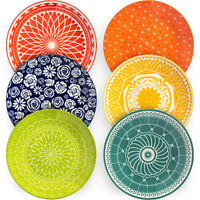 Annovero Dinner Plates, Large Colorful Cute Decorative Porcelain Dinnerware For Salad, Pasta, Serving Dishes For Entertaining, Microwavable, 10.5 Inch Diameter, Set Of 6