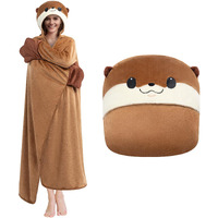 Mewaii Otter Wearable Hooded Blanket, Soft Flannel Throw Blanket Cloak Wrap, Oversize Otter Costume Outfits, Cozy Warm Adult Animal Blanket Hoodies With Gloves, Kawaii Gift For Women Men Teens Kids