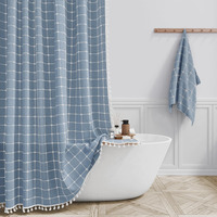 Bttn Boho Farmhouse Shower Curtain - Linen Rustic Heavy Duty Fabric Shower Curtain Set With Tassel, Water Repellent, Bohemian Vintage Country Thick Cloth Shower Curtains For Bathroom - Blue - 72X72