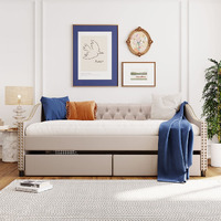 Flieks Upholstered Full Daybed With Two Storage Drawers, Full Size Button Tufted Sofa Bed Daybed With Nailhead Trim And Wood Slat Support (Beige Fabric)