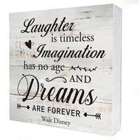 Inspirational Quote Laughter Imagination Dreams Wooden Box Sign Desk Decor Rustic Wood Block Plaque Box Sign For Home Living Room Office Shelf Table Decoration (5 X 5 Inch)